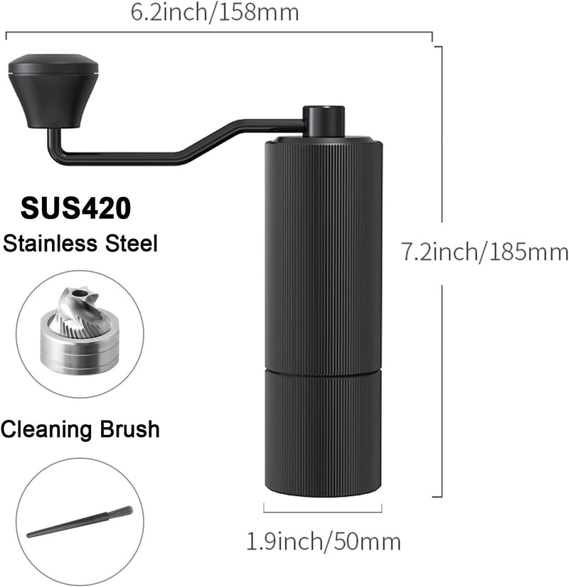 Manual Coffee Grinder CNC Stainless Steel Conical Burr Double Bearing and Internal Adjustable Setting Foldable Handle Portable Small Hand Grinder for Gift giving Home Office Camping Traveling Black