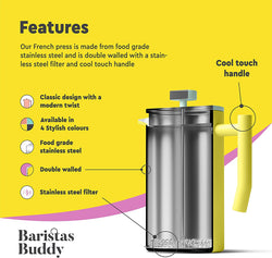 Yellow French Press Coffee Maker - Colorful, Retro And Stylish Insulated Coffee Brewer - Large Size Brews 4 Cups
