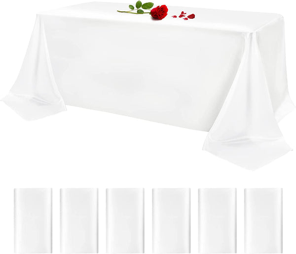 6 Pack White Satin Tablecloth - Rectangle Silky Satin Table Cover - Buffet Table Linens for Parties and Weddings - 57 X 108