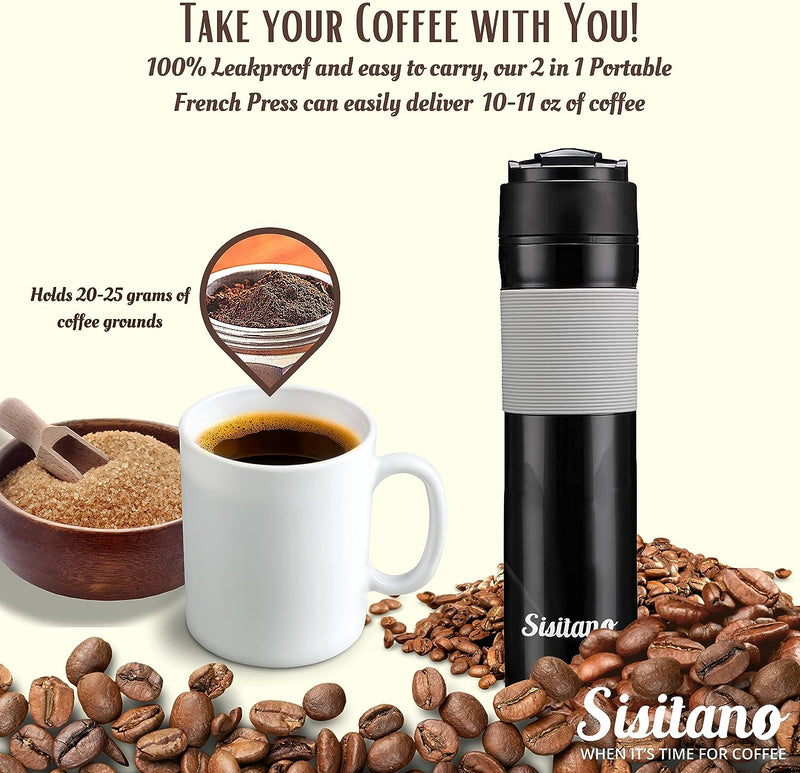 Sisitano 2in1 Travel French Press Coffee Maker, Portable 11.8 oz Tumbler Coffee French Press for Ground Coffee & Tea Leaves; Iced Coffee, Cold Brew Tea, Coffee Mug for Trips, Camping, Work & School