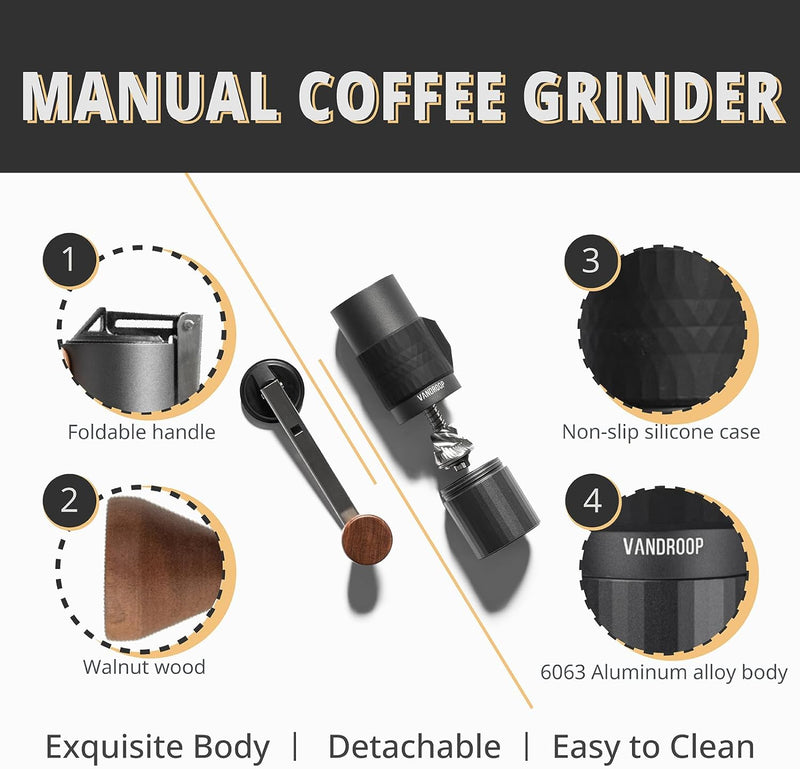 Vandroop Manual Coffee Grinder with Folding Handle, Adjustable Hand Coffee Grinder with Stainless Steel Conical Burr, Portable Burr Coffee Grinder for Travel, Camping, Kitchen, Gift