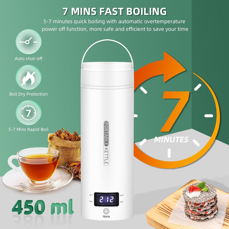 Travel Electric Kettle Portable Small Mini Tea Coffee Kettle Water Boiler, Water Heater with 4 Temperature Control,304 Stainless Steel with Auto Shut-Off & Boil Dry Protection, BPA-Free (White)