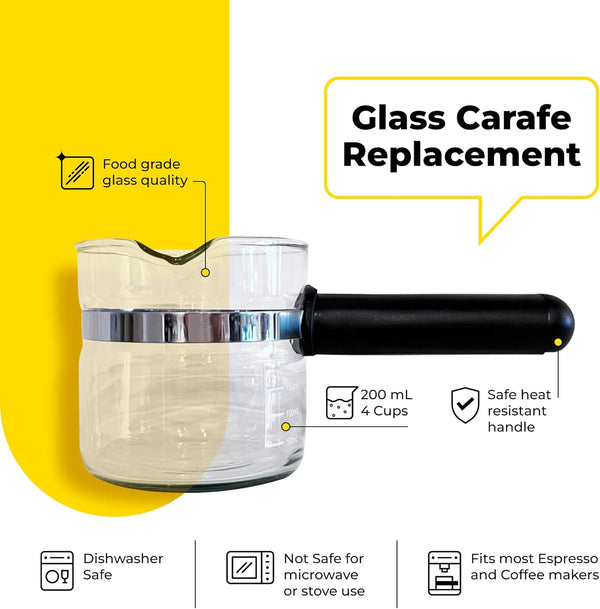 Glass Espresso Coffee Replacement Carafe - 4 Cup (200 ml). Fits Most Espresso Machines & Coffee Makers. PerfectPour Technology. PLUS Stainless Steel Creamer (8oz).