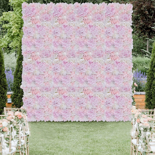 LOYALHEARTDY Flower Wall Panel - Artificial Hydrangea and Rose Backdrop - 12 Pcs 24 X 16 - Pink White Wedding Party Decor