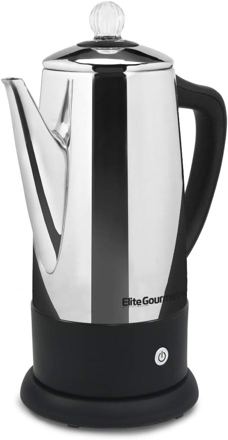 Elite Gourmet EC-120# Electric Coffee Percolator with Keep Warm, Clear Brew Progress Knob Cool-Touch Handle Cord-less Serve, 12-Cup, Stainless Steel