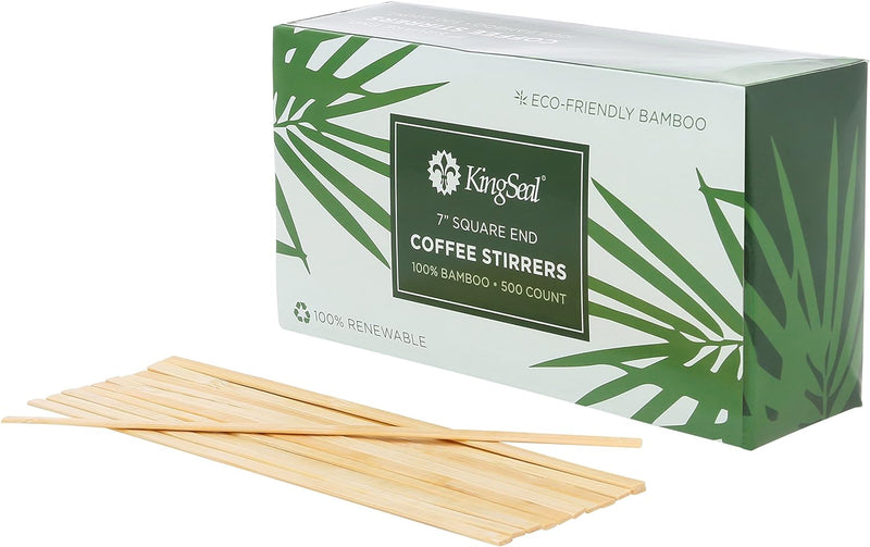 KingSeal Bamboo Wood Coffee Stirrers, Square End, 7 inch Length, 100% Renewable and Biodegradable - 1 Box of 500