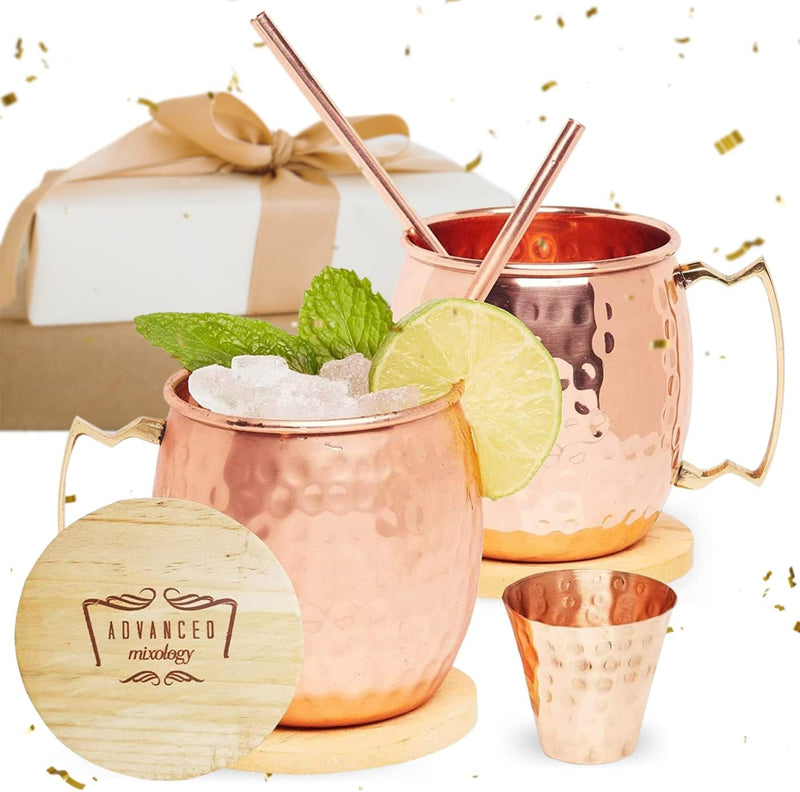 Advanced Mixology [Gift Set] Moscow Mule Mugs Set of 2 (16oz) | 100% Copper Mugs Set w/ 2 Straws, 2 Wooden Coasters & 1 Shot Glass | Tarnish-Resistant Food Grade Lacquer Coat