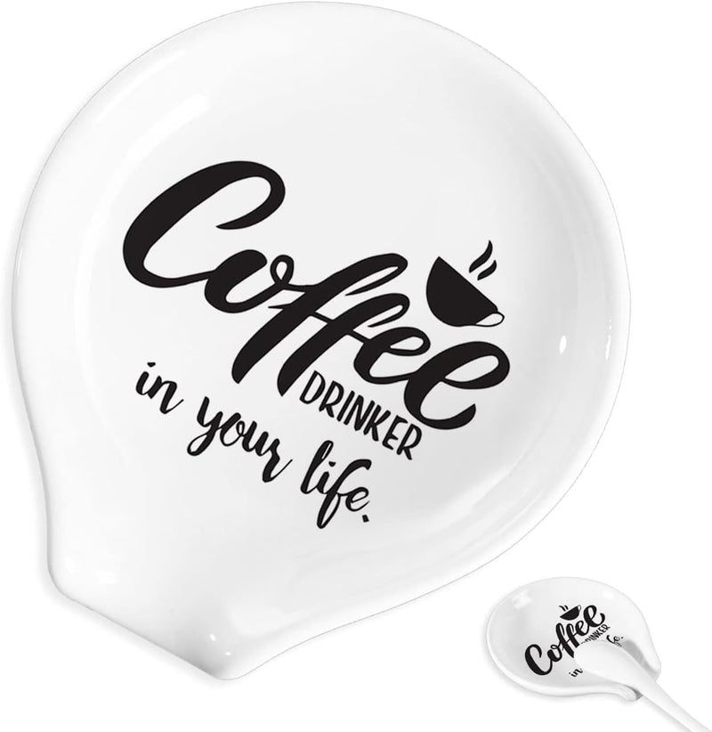 Coffee Spoon Rest and Spoon,Funny Coffee Quote Black And White Ceramic Coffee Spoon Holder-Station Decor Coffee Bar Accessories-Gifts for Coffee Lovers (I Like My Coffee)