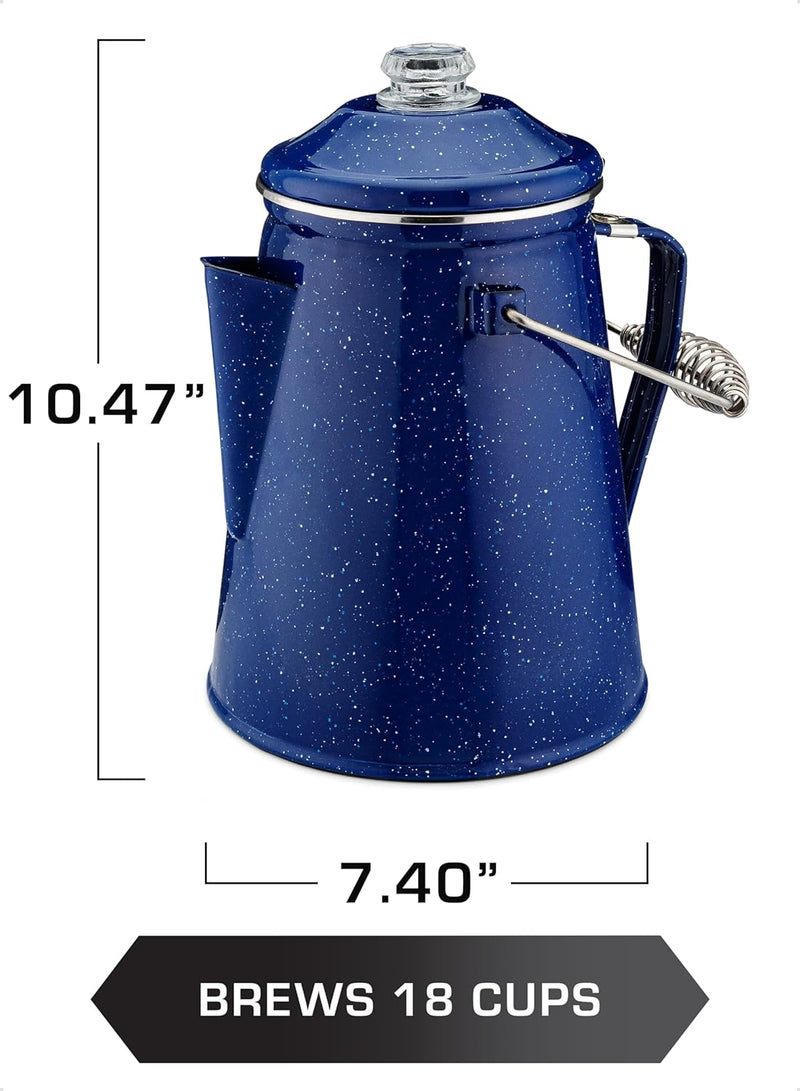 COLETTI Classic Enamel Camping Coffee Pot (Blue, 18 Cup) — Brew Bold Coffee for the Whole Campsite — A Brewmaster’s Best Gear for Great Coffee – XL Campfire Percolator