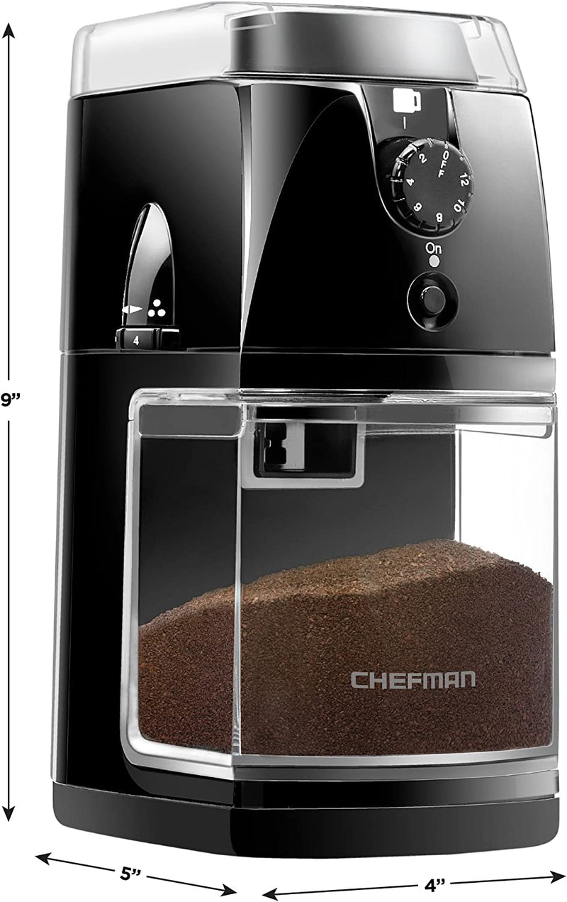 Chefman Coffee Grinder Electric Burr Mill - Freshly Grinds Up to 2.8oz Beans, Large Hopper with 17 Grinding Options for 2-12 Cups, Easy One Touch Operation, Cleaning Brush Included, Black