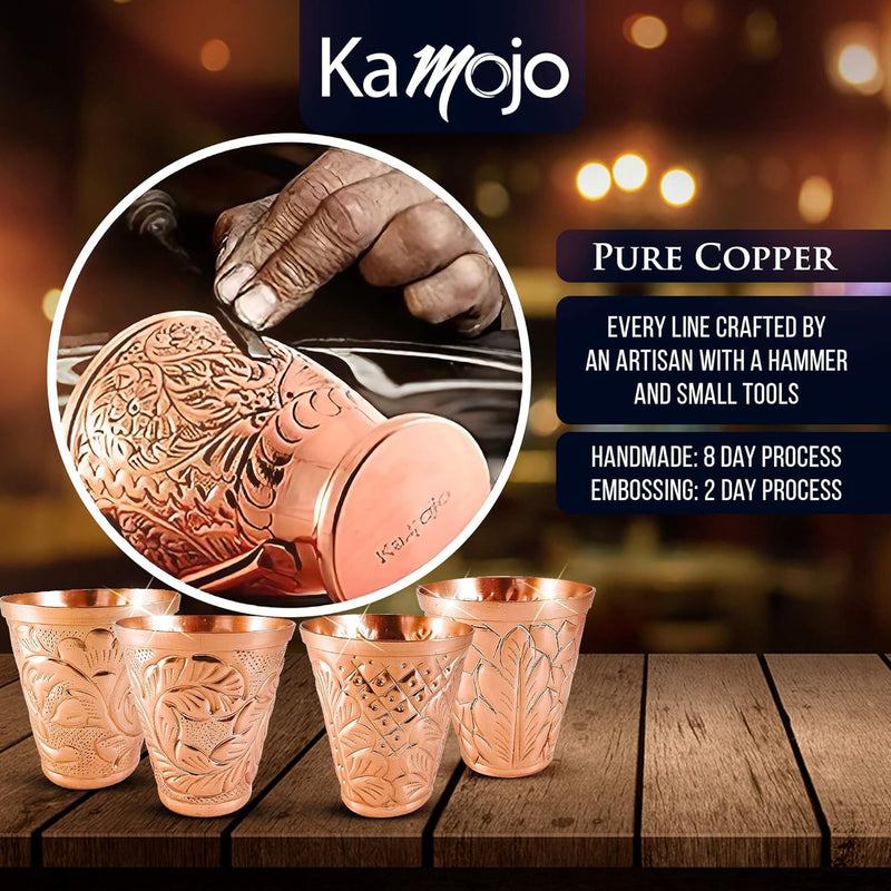 Kamojo Pure Copper Shot Glasses (Set of 4) - Moscow Mule Drinking Shot Glass for Home, Kitchen, Bar - Barware Drinking Glass for Tequila Vodka Cocktail Shooters - Custom Embossed Metal Drinkware Gift