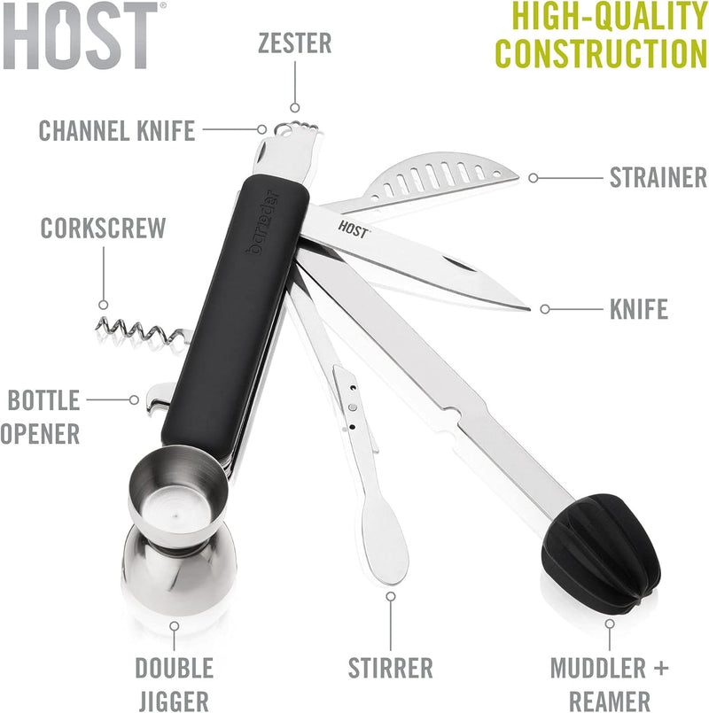 HOST All in One Bartender Multitool Set | 10 in 1 Tool - Strainer | Muddler & Reamer | Stirrer | Jigger | Zester | Corkscrew | Bottle Opener | Knife & Channel Knife Bar Essential Equipment Kit
