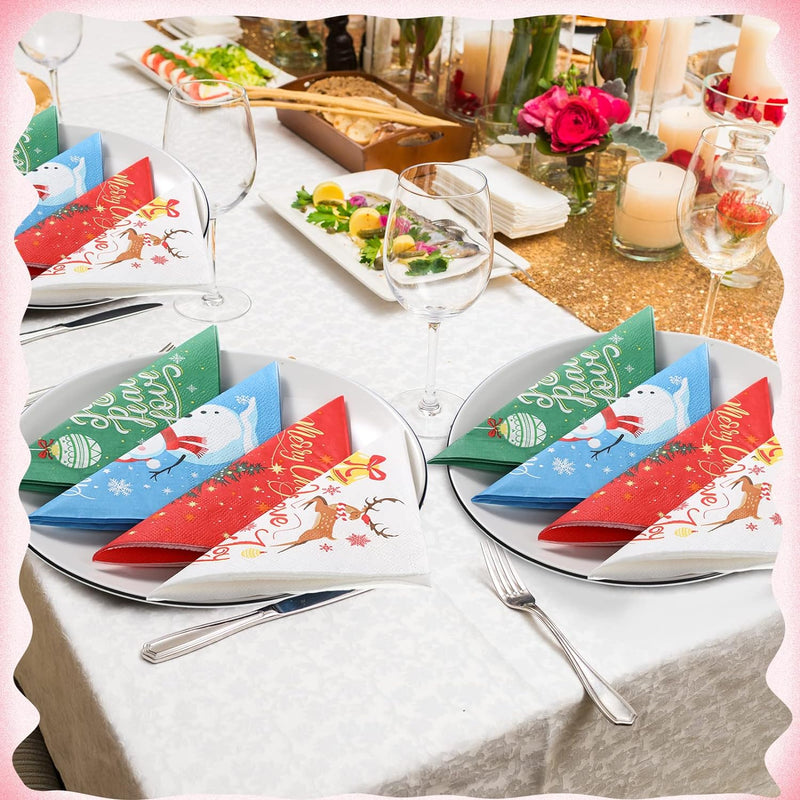 100 Pcs Christmas Napkins Snowman Paper Napkins Merry Christmas Tree Snowflake Cocktail Napkins Xmas Elk Guest Paper Towel for Winter Holiday New Year Family Gathering Party Supplies