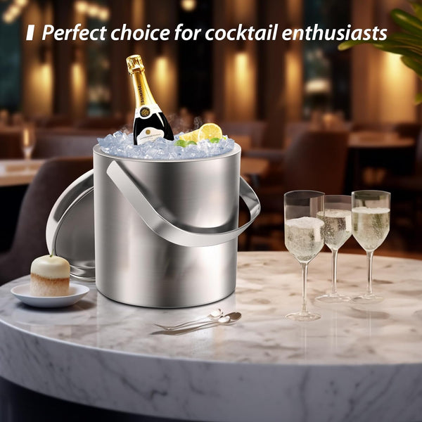 Sailnovo Ice Bucket, Double-Wall Stainless Steel Insulated Ice Buckets With Lid and Ice Tong, Ideal for Cocktail Bar, Parties, Chilling Wine, Champagne - 1.2 Liter Ice Container