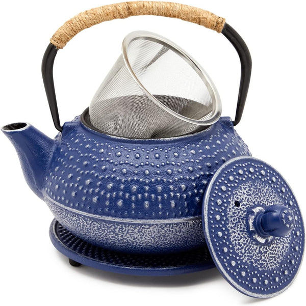 Cast Iron Teapot with Infuser - Japanese Tea Kettle, Loose Leaf Tetsubin with Handle and Trivet (Blue, 3 Pcs, holds 27 oz, 800 ml)