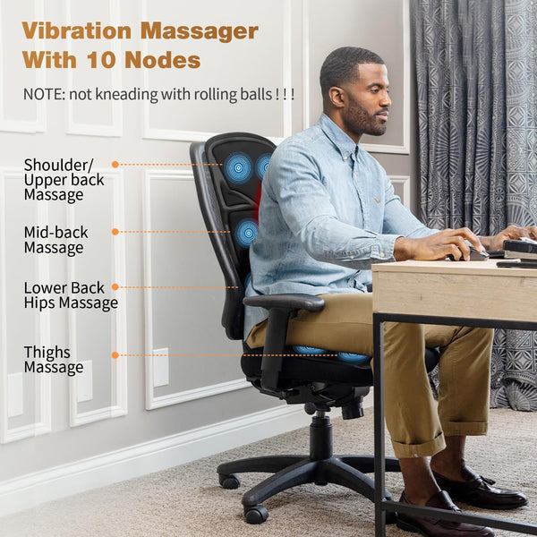 Massage Seat Cushion - Back Massager with Heat, Massage Chair Pad for Home Office, Memory Foam Support Pad in Neck and Lumbar, Chair Massager with 10 Vibration Motors, Seat Massager for Gift