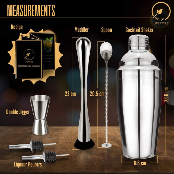 Ignite Lifestyle Cocktail Shaker Set - 24oz Martini Shaker with Built-in Strainer, Recipe Book, Muddler, Mixing Spoon, Measuring Jigger, 2 Liquor Pourers - Drink Shaker, Bartender Kit for Home Bars