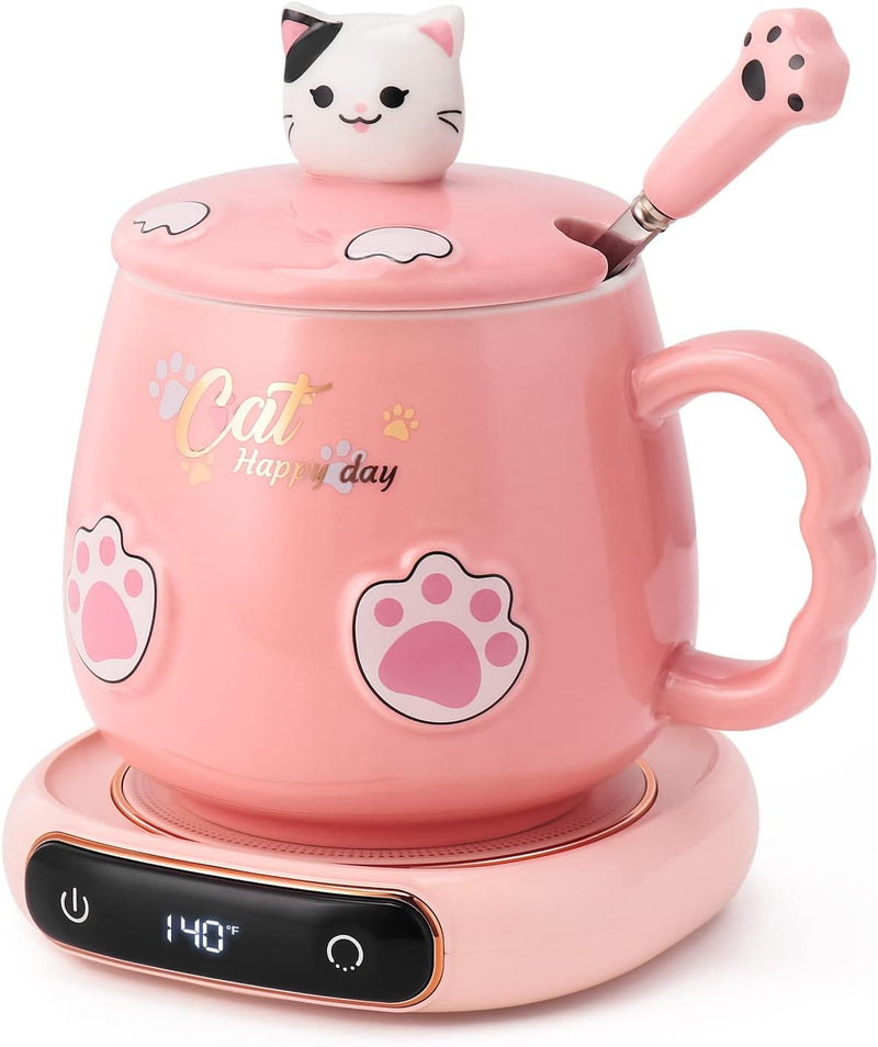 Bgbg Coffee Mug Warmer & Cute Cat Mug Set, Beverage Cup Warmer for Desk Home Office with Three Temperature Up to 140℉/ 60℃, Coffee Warmer for Cocoa Milk Tea Water Candle, 8 Hours Auto Shut Off