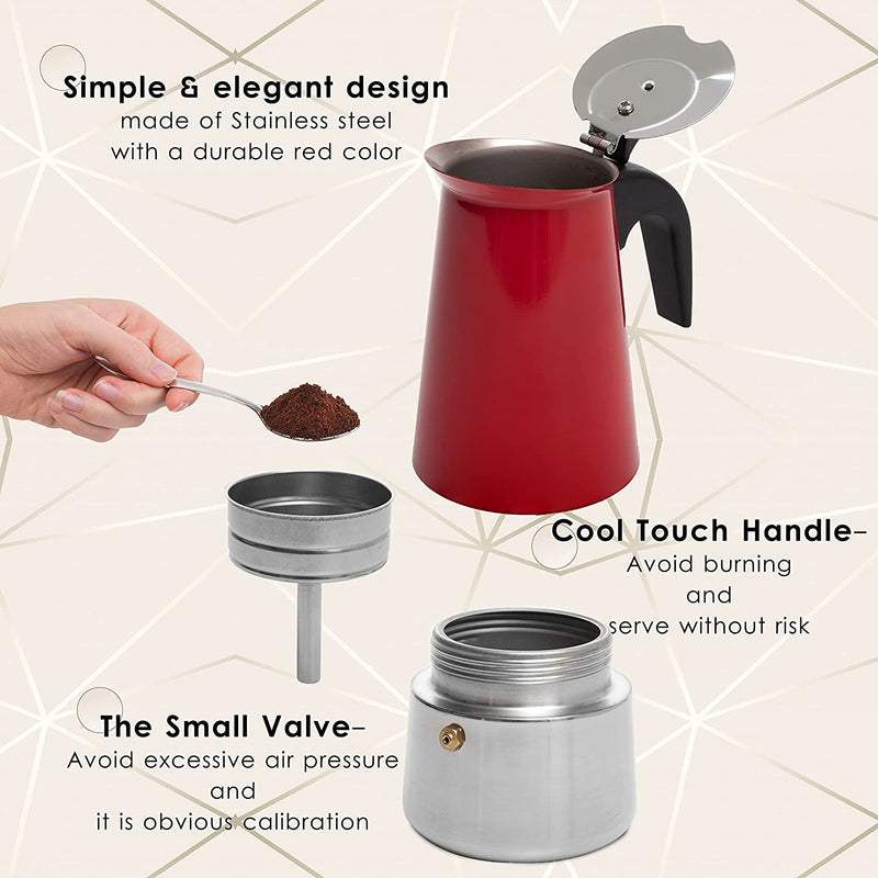 Mixpresso 9 Cup Coffee Maker Stovetop Espresso Coffee Maker, Moka Coffee Pot with Coffee Percolator Design, Stainless Steel stovetop espresso maker, Italian Coffee Maker, Red Coffee Maker