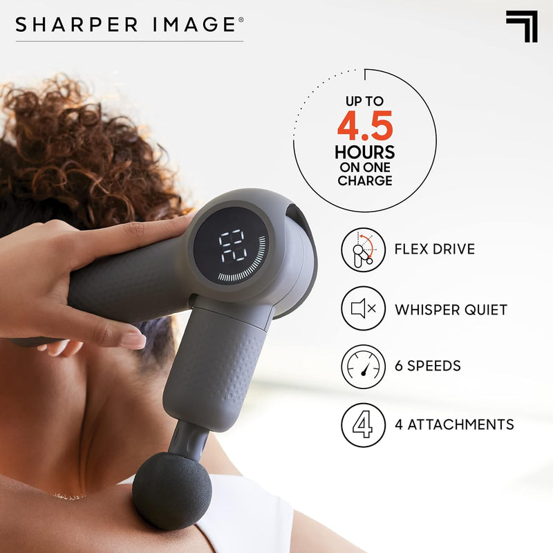 Sharper Image Powerboost Flex Percussion Massager, 120° Pivot Massage Gun, 6 speeds, 4 Attachments, Neck Back & Full Body Massage, Compact Pain Relief, Portable Athlete Muscle Recovery, Gifts for Men