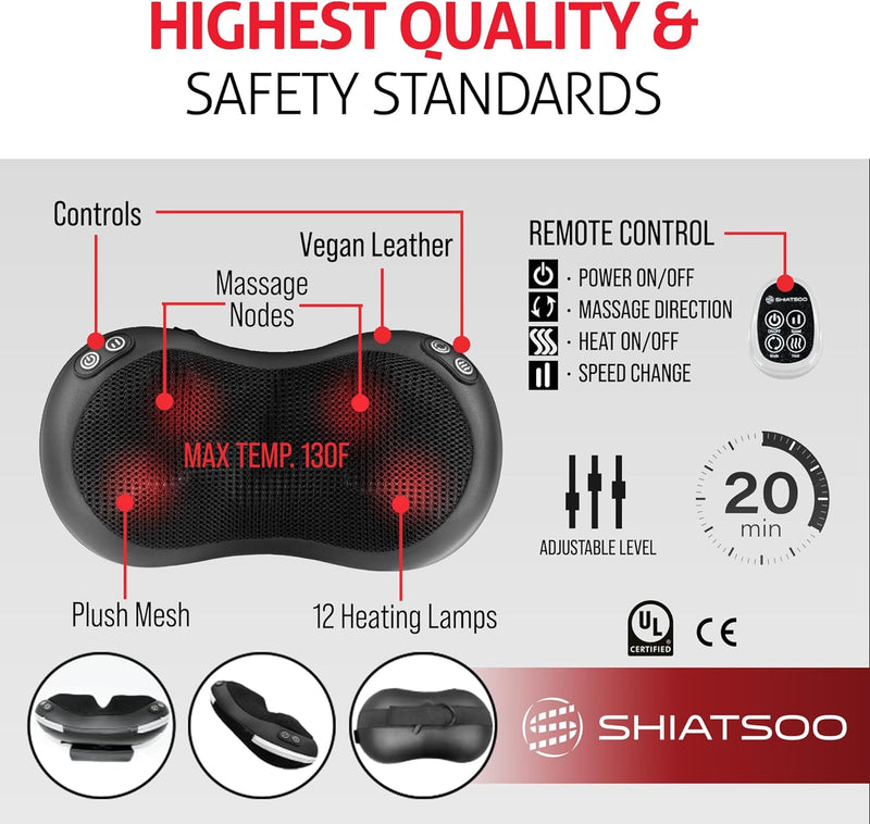 Shiatsoo Neck Back & Lower Back Massager with Heat | Shiatsu Heated Pillow Massager | Pain Relief | Deep Tissue