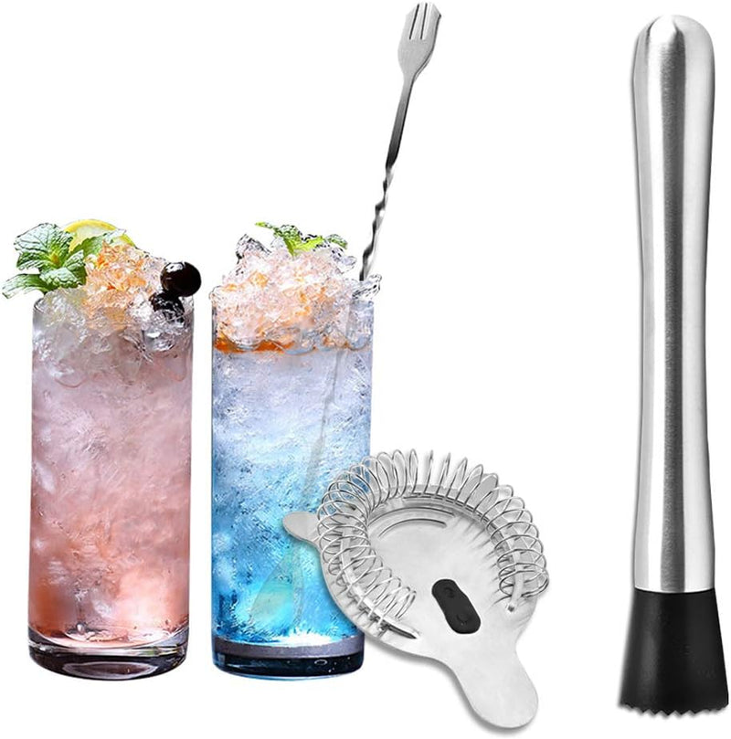 SENHAI Stainless Steel Cocktail Muddler, Spiral Mixing Spoon & 4-Prong Bar Strainer, Home Bar Bartender's Muddling Tool Set