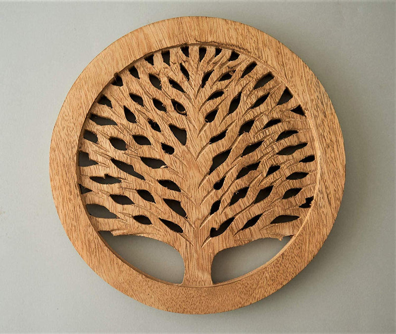 White Elephant Gifts Set of 2 Wooden Trivets for Hot Dishes Pots and Pans Tea Pot Holders Hot Pads Tree of Life Design Modern Farmhouse Kitchen Counter Decor Dia 8'' Inch (Burnt)