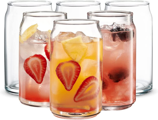 GLING [6 Pack - 16 oz.] Glass Can Shaped Cups Beer & Coffee Tumbler Glasses, Cordial Glasses, Cocktail Glasses