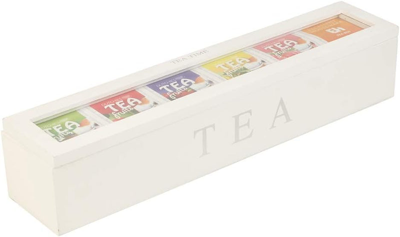 Wooden Tea Storage Box, 6 Compartment Tea Box Storage Organizer Tea Bag Holder Storage Chest Box with Transparent Cover Wooden Box for Storage Tea Bags (White)