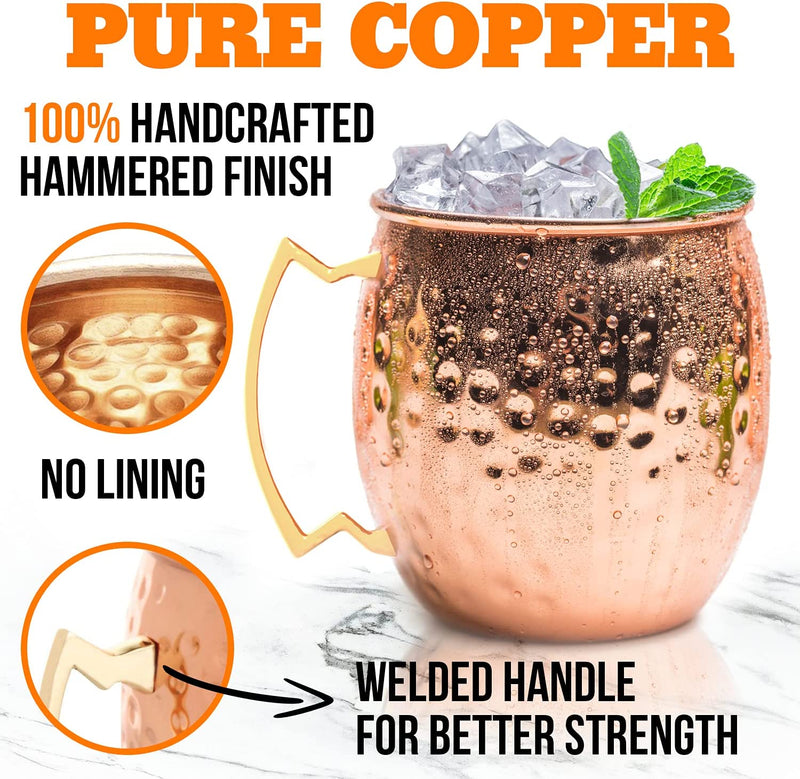 Benicci Moscow Mule Copper Mugs - Set of 2, 100% HANDCRAFTED - Food Safe Pure Solid Copper Mugs - 16 oz Gift Set with Premium Quality Cocktail Copper Straws, Straw Cleaning Brush and Jigger!