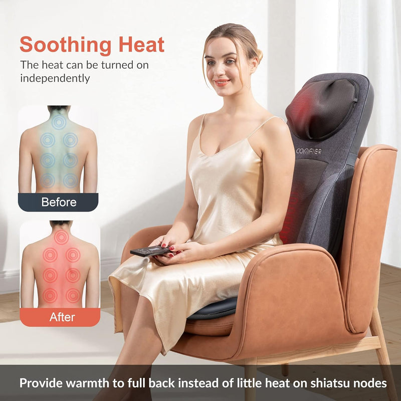 COMFIER Neck&Back Massagers with Heat,Shiatsu Massager Chair with Adjustable Height Pillow,Full Body Massage Cushion for Pain Relief,4 Rolling Nodes&3 Vibration Levels,Gift for Men,Women,Gray