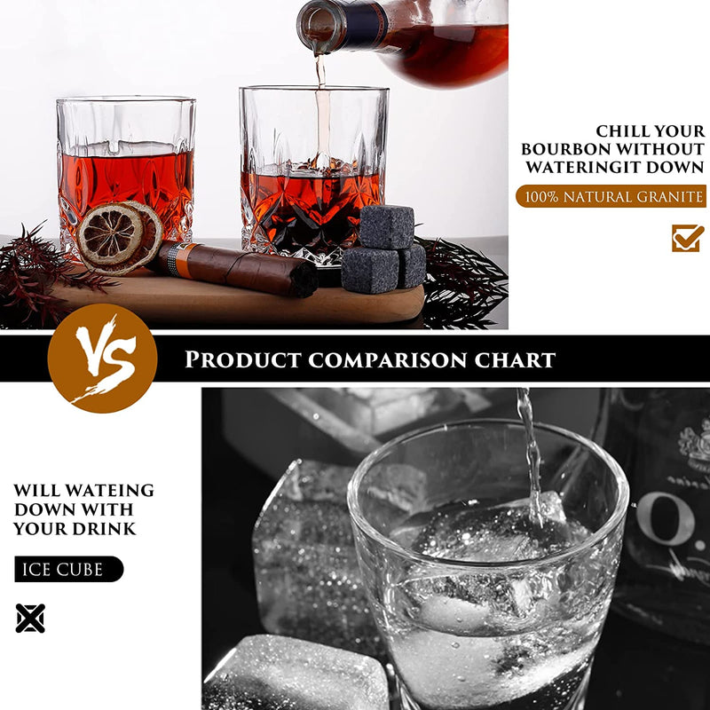 Whisky Stones and Glasses Set Gift for Men, Pack of 2 Whiskey Glasses 10 oz, 8 Granite Chilling Rocks, 2 Slate Coasters, Cocktail Cards in Wooden Crate Special present for Husband Father Boyfriend Him