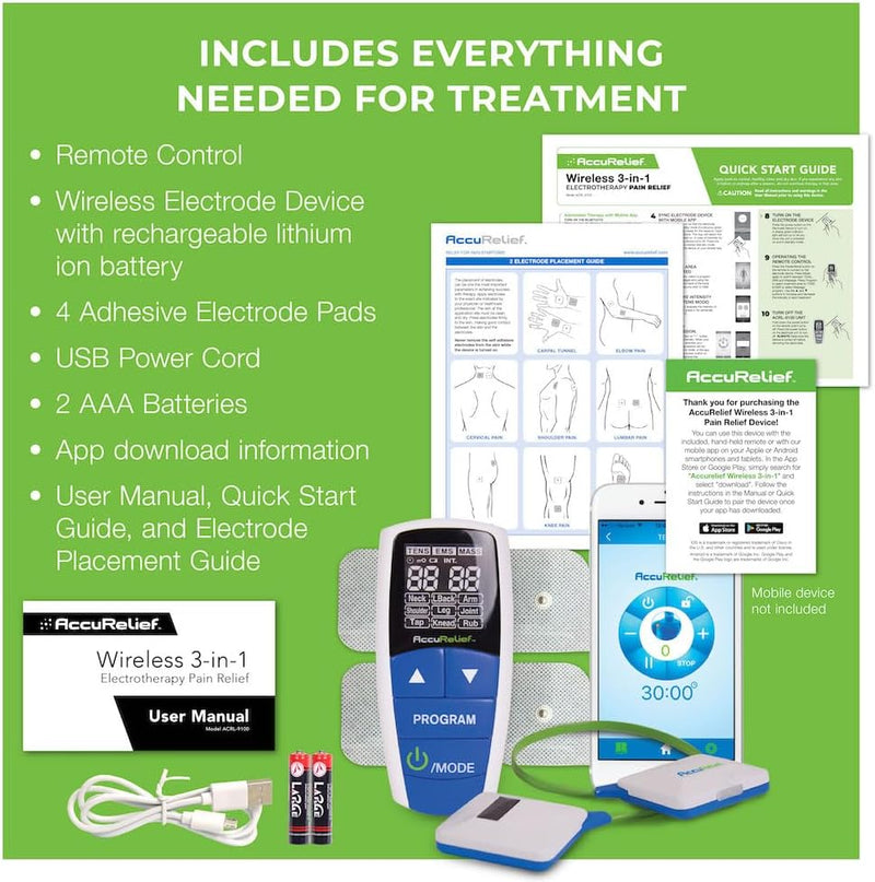 AccuRelief Wireless Tens Unit and EMS Muscle Stimulator - Includes Pulse Massager - Pain Relief Device with Remote and Mobile App, TENS Machine, TENS Device