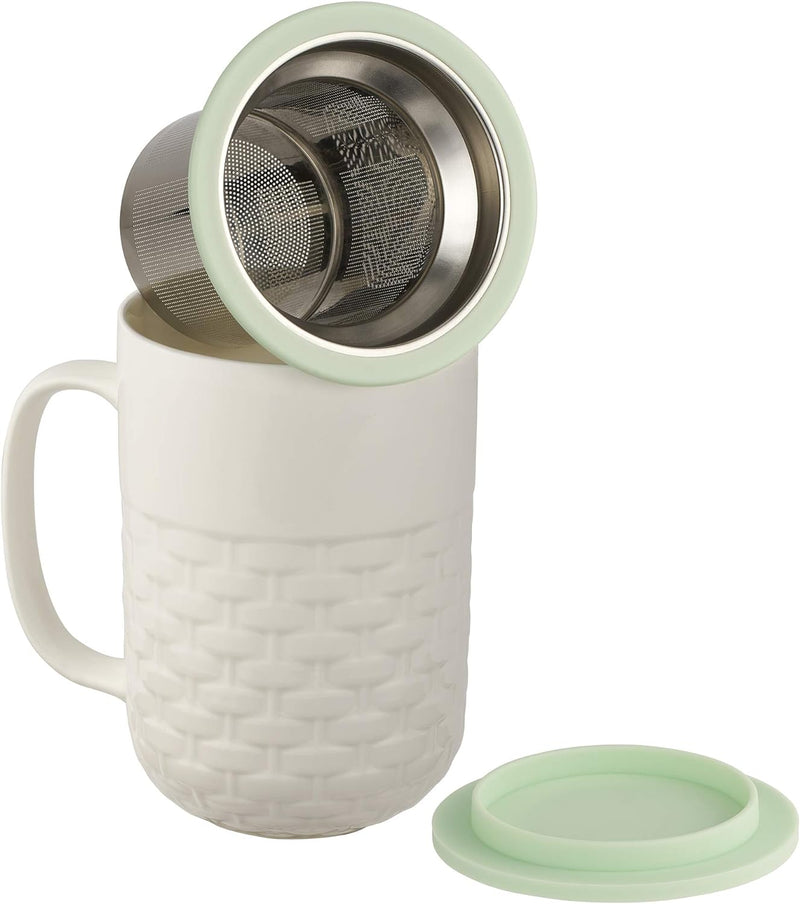 casaWare 15-Ounce Weave Textured New Bone China White Tea Infuser Mug with Lid/Coaster (Gray Lid)