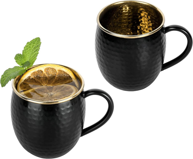 MyGift Matte Black Hammered Moscow Mule Mugs with Gold Interior, 18 oz Modern Stainless Steel Cocktail Moscow Mule Cup, Set of 2 - Handcrafted in India