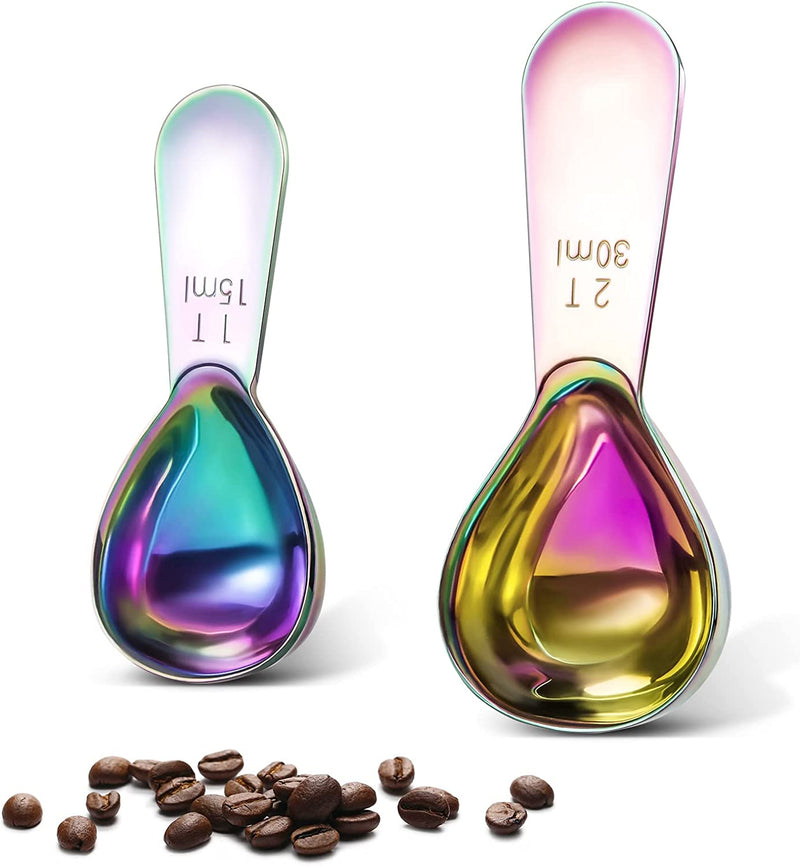 Premium coffee scoop set, set of 2, Metal stainless steel long handle coffee scoop, measuring coffee spoons contains 1 tablespoon (15 ml) and 2 tablespoons (30 ml) multicolor spoon.