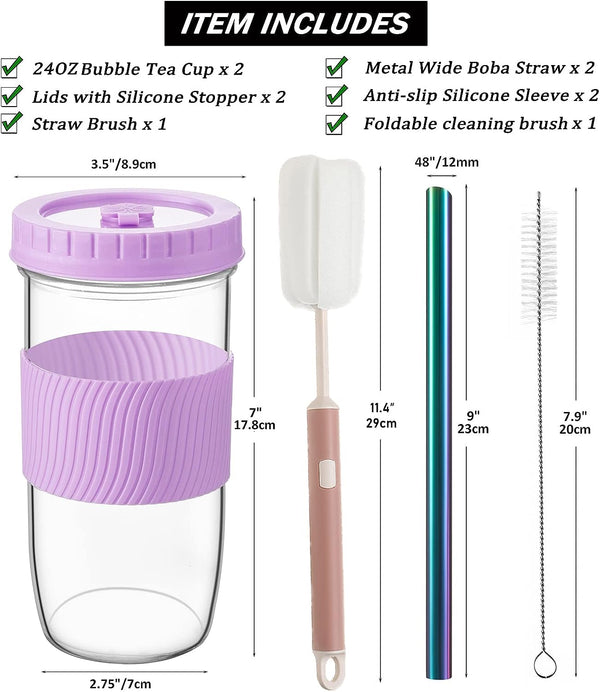 Amyoole 2 Pack Reusable Boba Cup,24Oz Wide Mouth Smoothie Cup,mason Jar Glass Cups with Lids and Straws,Bubble/Boba Tea Cups,Ice Coffee Tumbler 2 colored straws 1 sponge brush(Purple)