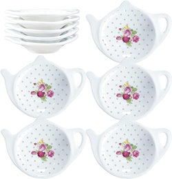 Linlins White Porcelain Ceramic Set with Flower Trim Teapot-Shaped Tea Bag Holder Tea Bag Coasters, Spoon Rests; Classic Tea Saucer Seasoning Dish Set (XQX)