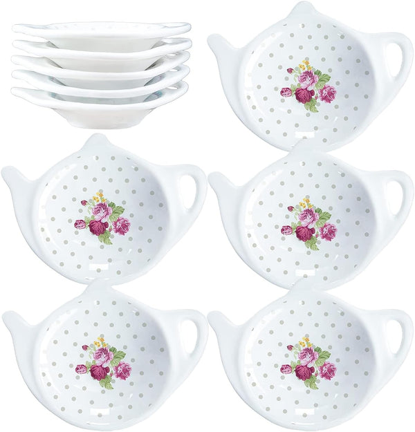 Linlins White Porcelain Ceramic Set with Flower Trim Teapot-Shaped Tea Bag Holder Tea Bag Coasters, Spoon Rests; Classic Tea Saucer Seasoning Dish Set (XQX)