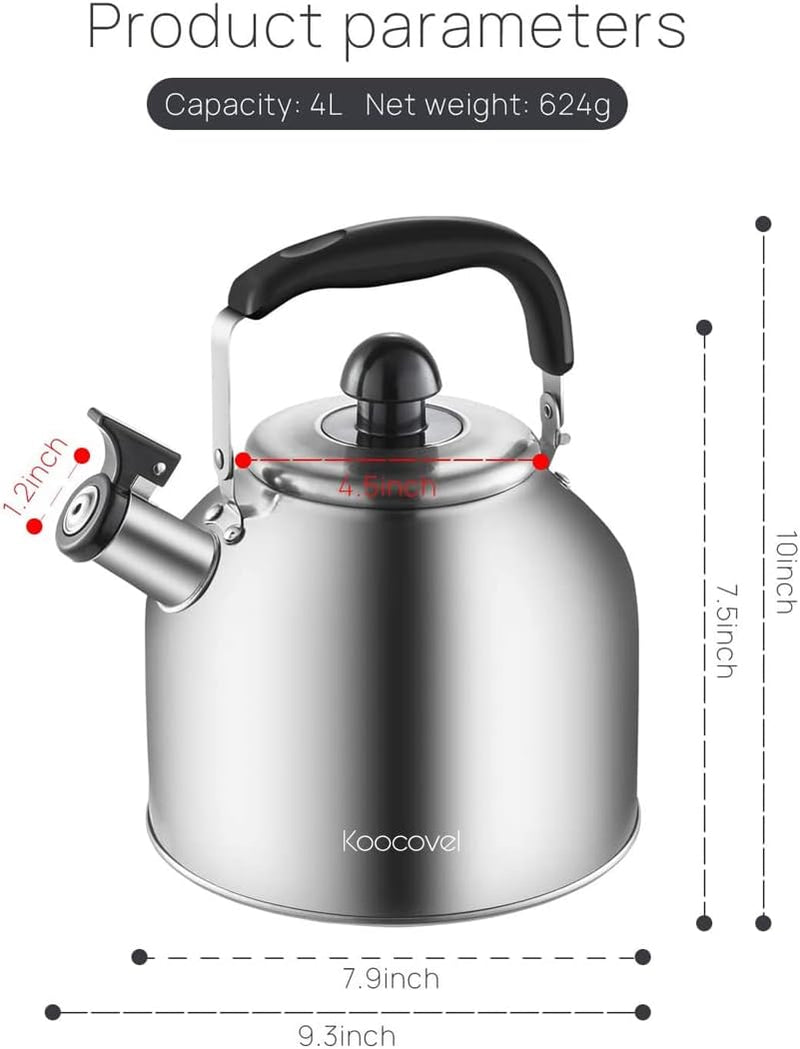 Koocovel Tea Kettle for Stove Top,304 Stainless Steel Tea Kettles,4L/4.2QT Tea Kettles for Kitchen,Camping,Traveling,Portable,Fast to Boil