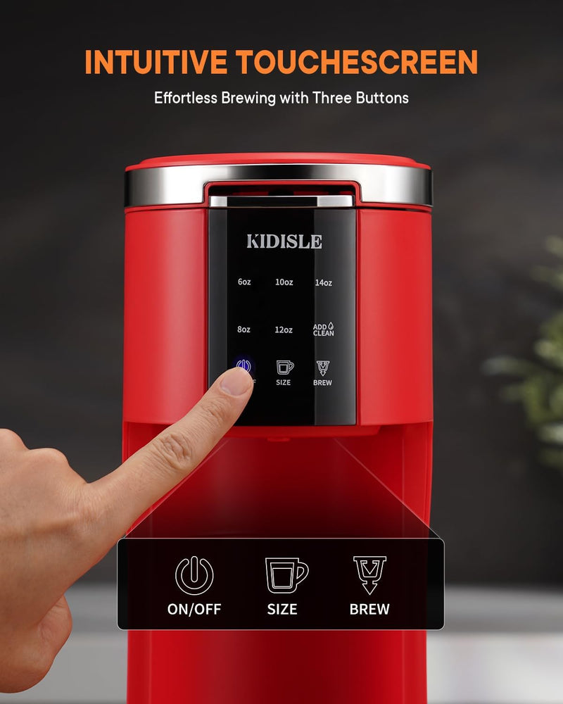 KIDISLE 3 in 1 Single Serve Coffee Maker for K Cup Pods & Ground Coffee & Teas, 6 to 14oz Brew Sizes, with 40oz Removable Water Reservoir, Self-cleaning Function, Red