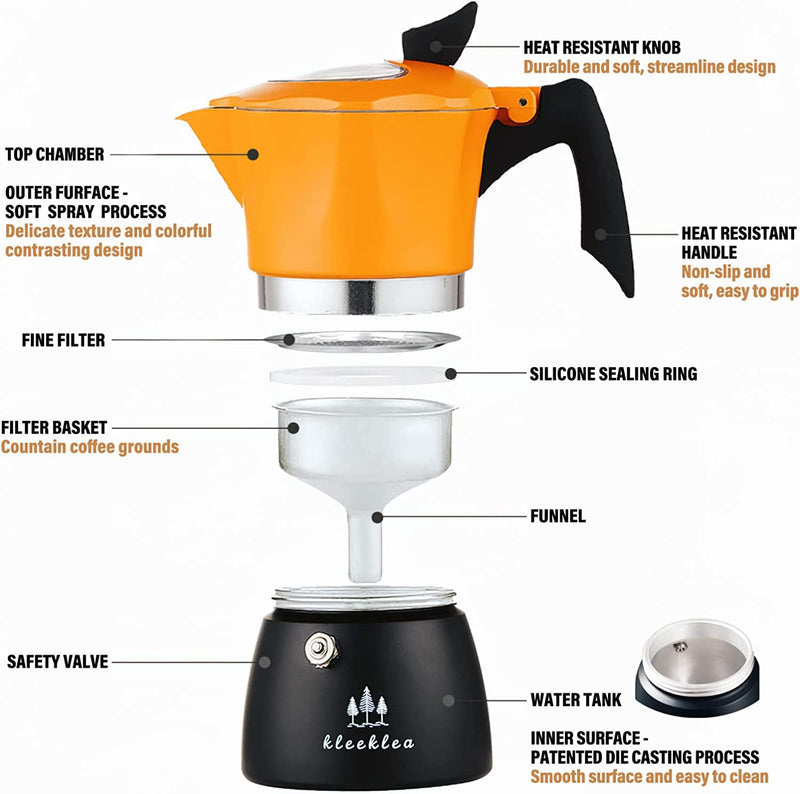 kleeklea Stovetop Espresso Coffee Maker, Italian Moka Pot with Transparent Top Lid, 6 Espresso Cups Classic Aluminium Percolator Coffee Pot for Cuban Grace Café Brewing Orange/Black