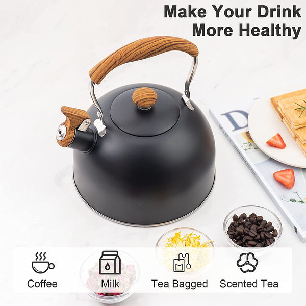 Whistling Tea Kettles with Wood Grain adjustment Nylon Handle, 2.3 Quart Capacity with Capsule Base Tea Kettle, Black