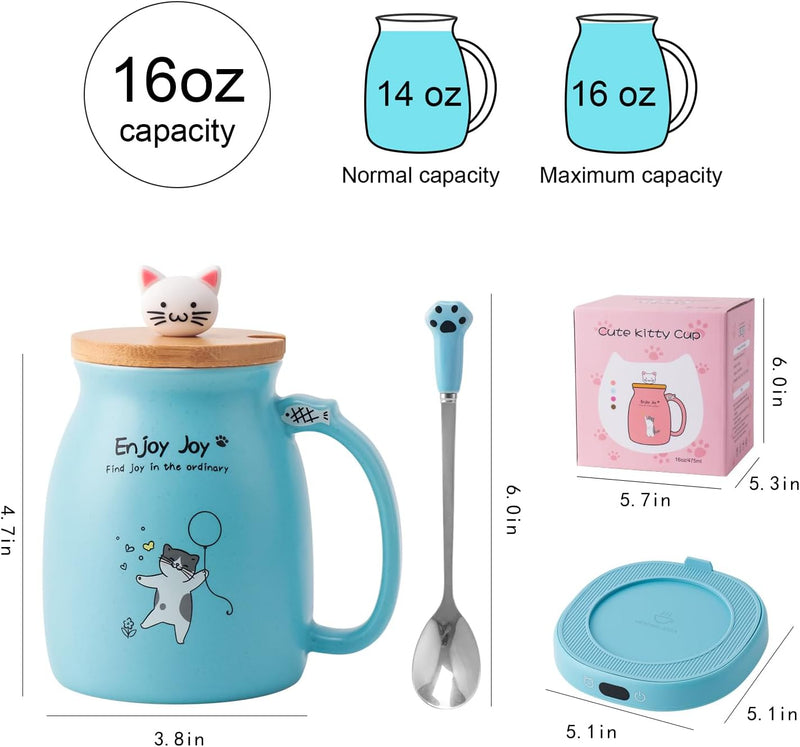 Bsigo Coffee Mug Warmer & Cute Cat Mug Set, Candle Mug Warmer for Home & Office, Electric Smart Coffee Warmer for Desk, Beverage Tea Coffee Cup Warmer with 3-Temp Settings, 8H Auto Shut Off, Blue