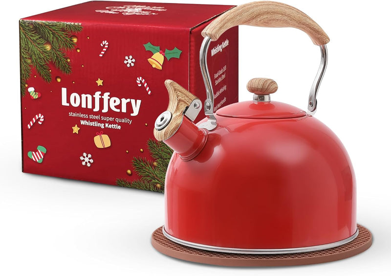 LONFFERY Tea Kettle, 2.5 Quart Whistling Tea Kettle, Tea Pots for Stove Top Food Grade Stainless Steel with Wood Pattern Folding Handle - Red