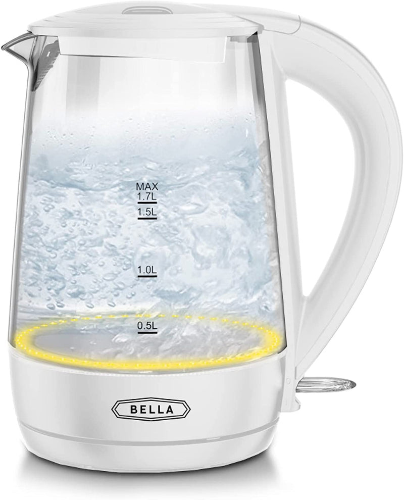 BELLA 1.7 Liter Glass Electric Kettle, Quickly Boil 7 Cups of Water in 6-7 Minutes, Soft Blue LED Lights Illuminate While Boiling, Cordless Portable Heater, Carefree Auto Shut-Off, Black