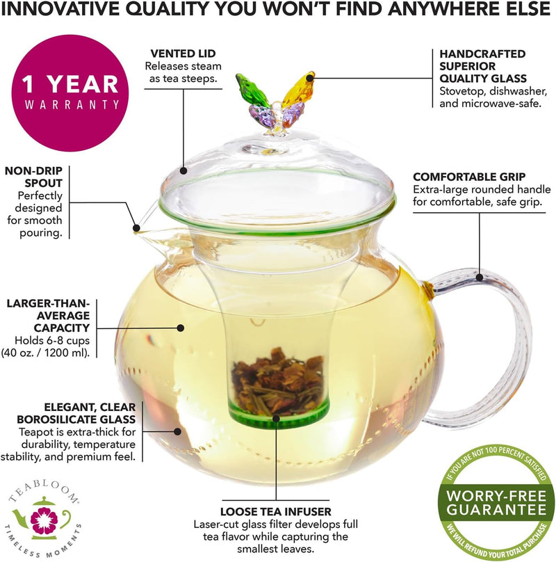 Teabloom Wings of Love Blooming Tea Gift Set - 40 oz Borosilicate Glass Teapot, Teapot Warmer, Glass Loose Tea Infuser, 12 Fruit Flowering Tea Canister