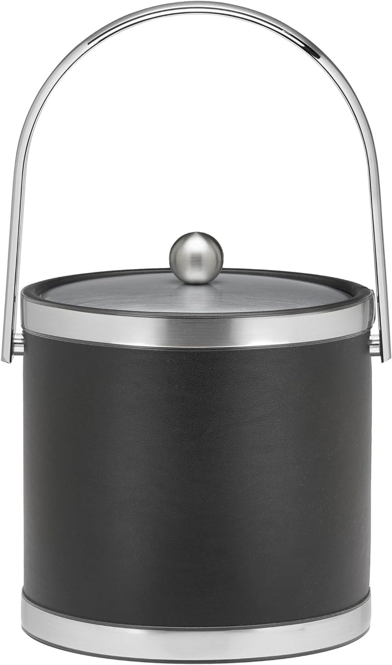 Kraftware Sophisticates Brushed Chrome Ice Bucket with Bale Handle and Metal Cover, Black - 3 Quart