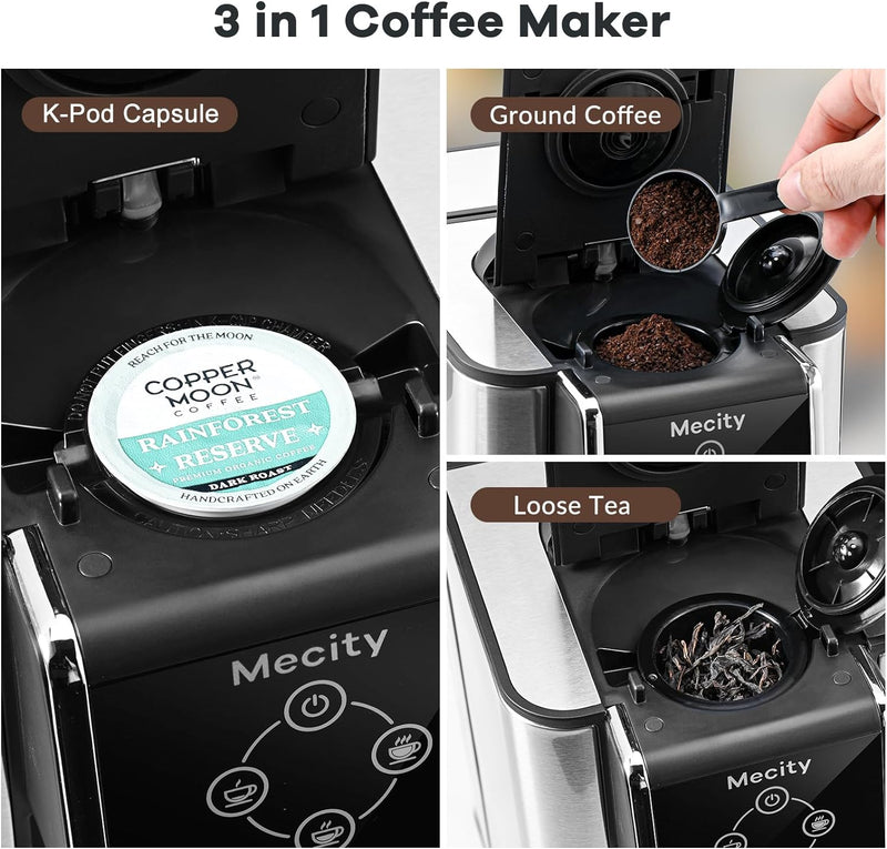 Mecity Coffee Maker 3-in-1 Single Serve Coffee Machine, Compatible with K-cup Coffee Capsule, Instant Coffee Brewer, Loose Tea maker, 6,8,10 Ounce Cup, Removable 50 Oz Water Reservoir, 120V 1150W