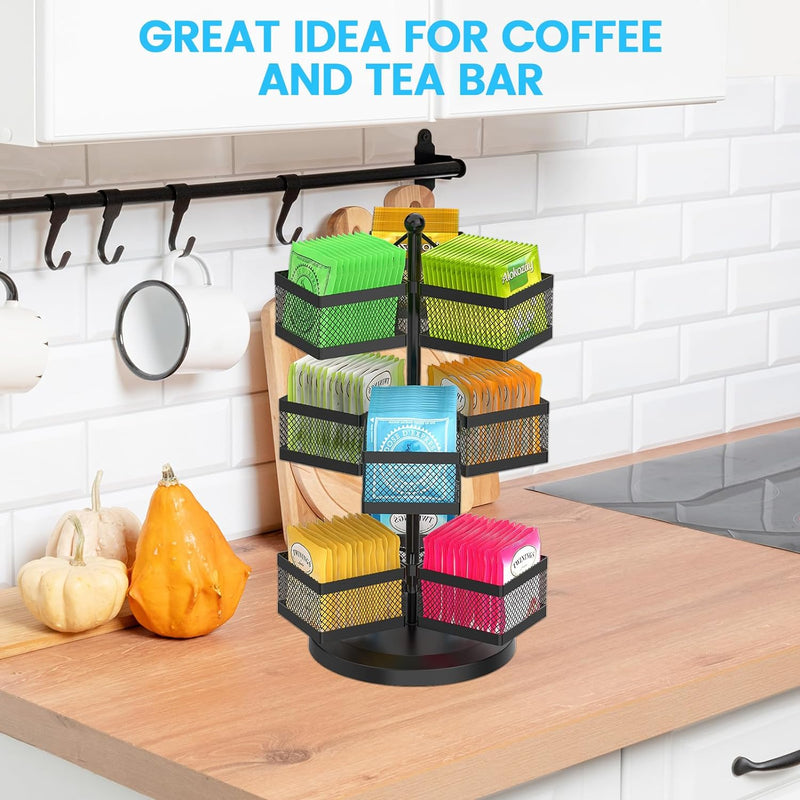 iDavosic.ly 3 Tier Tea Bag Organizer, Tea Bag Storage Holder Spinning Carousel with 9 Compartments, Metal Rotating Tea Bag Caddy for Kitchen Counter Cabinet, Up to 108 Tea Bags Storage